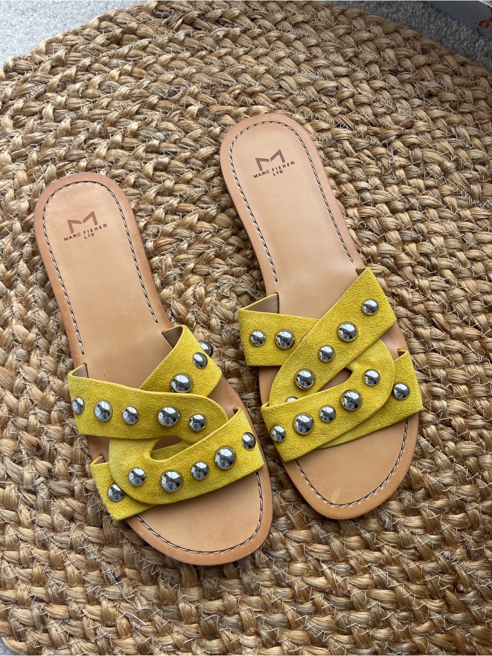 Marc Fisher LTD Pacca Yellow Studded Crisscross Slide Sandals